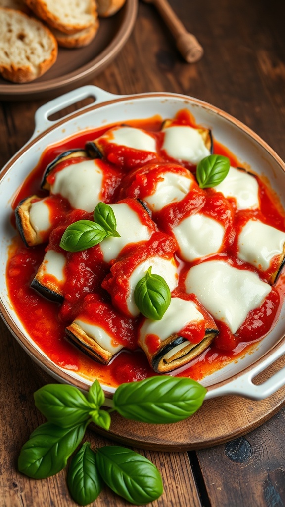 Eggplant Involtini with ricotta filling, topped with melted mozzarella and marinara sauce, garnished with basil.